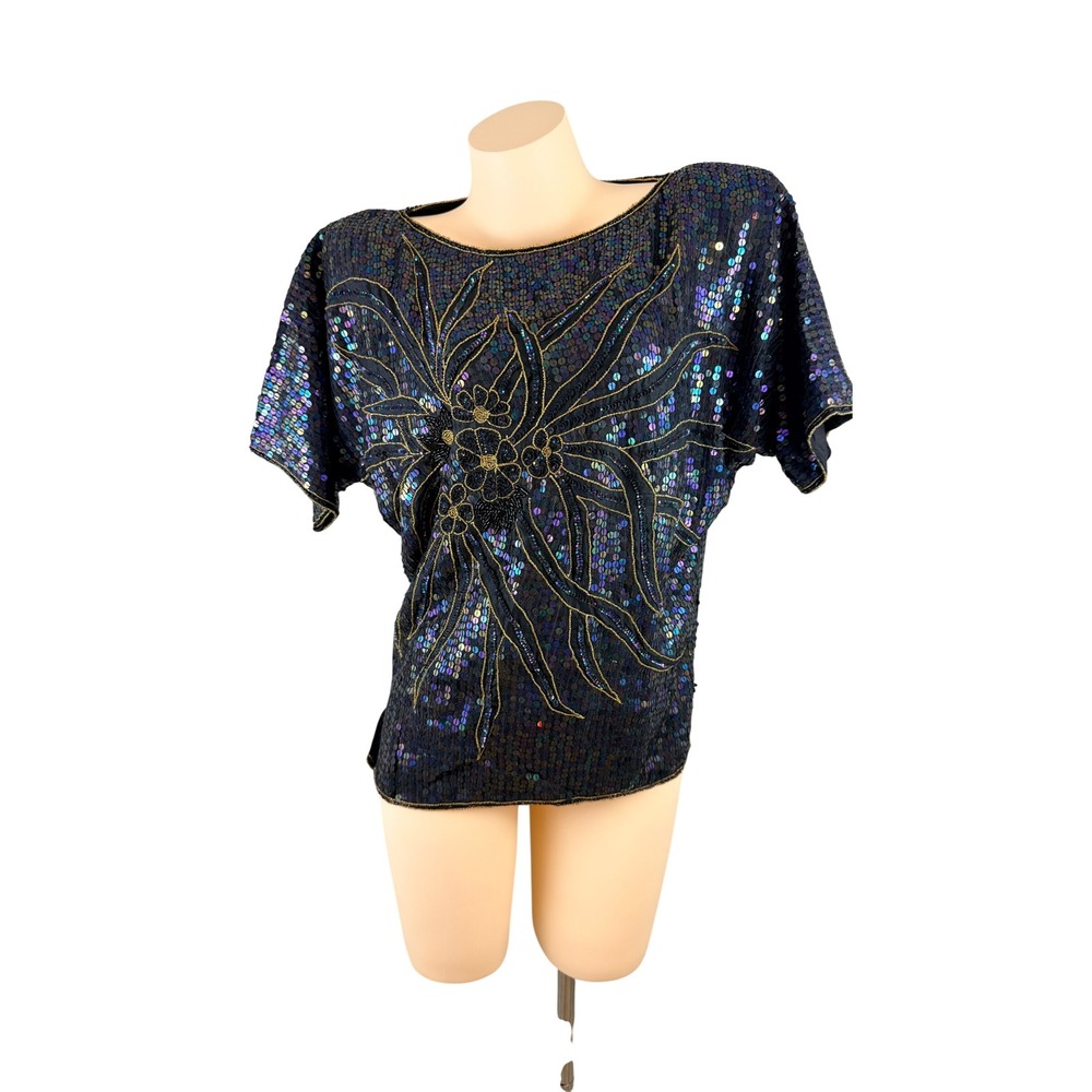Vintage Iridescent Sequin Beaded Silk Top Black Gold Floral Short Sleeve Blouse